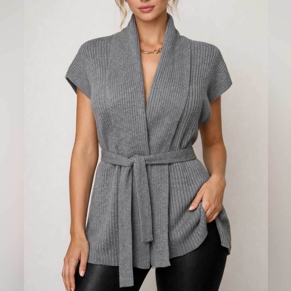 Banana Republic Gray Ribbed Shawl Collar Belted Cardigan Sweater (953)